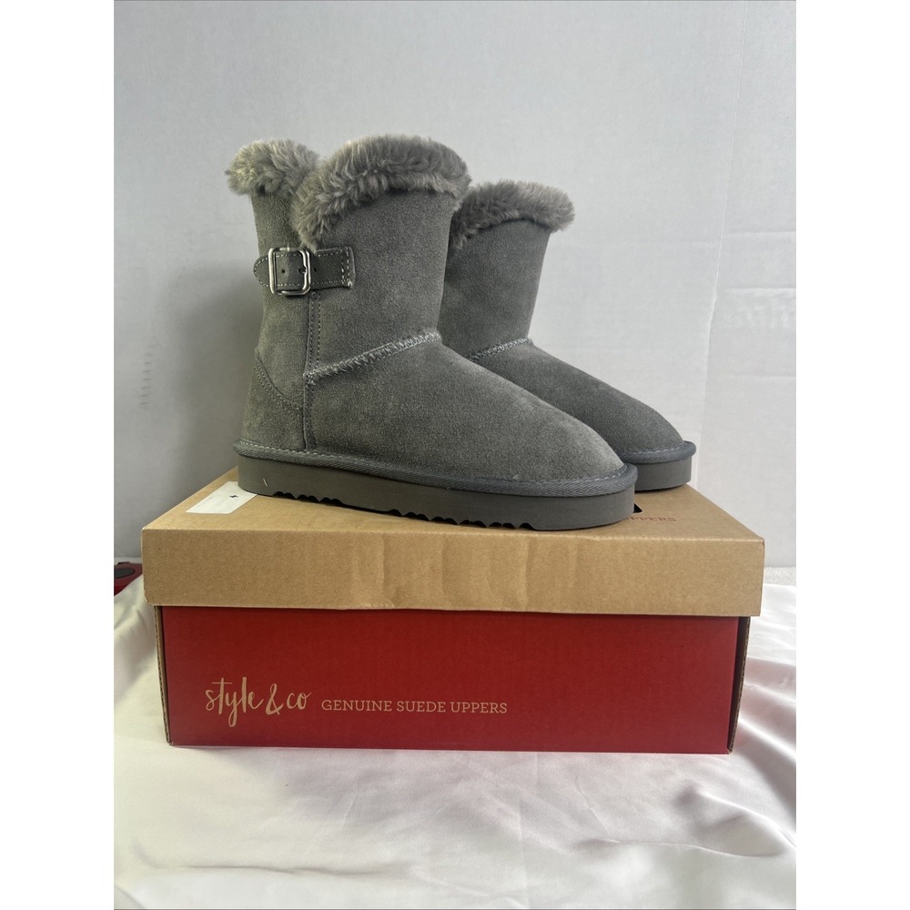 Style & Co Tiny2 Dark Grey Genuine Suede Winter Boots Faux Leather w/ Box Size 5